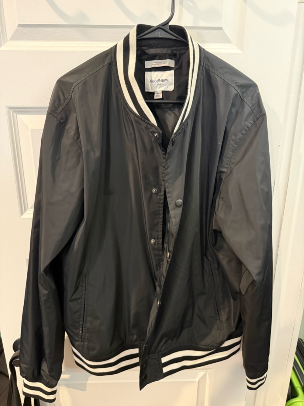 Goodfellow & Co Black Bomber Jacket with White Stripe Trim